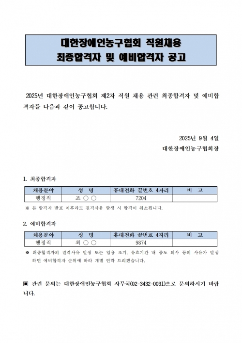 대한장애인농구협회 직원채용 최종 합격자 공고