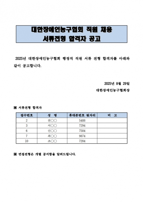 대한장애인농구협회 직원 채용 서류전형 합격자 공고