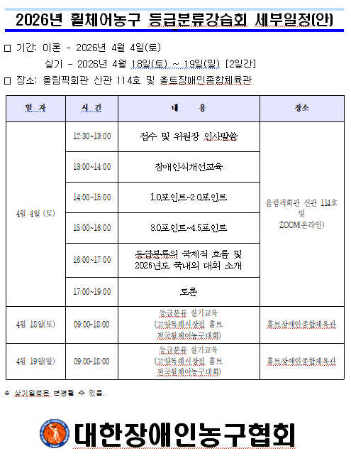 [개최] 2026년 휠체어농구 등급분류강습회 개최