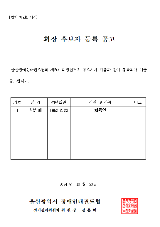 울산광역시장애인태권도협회 회장 후보자 등록 공고.PNG