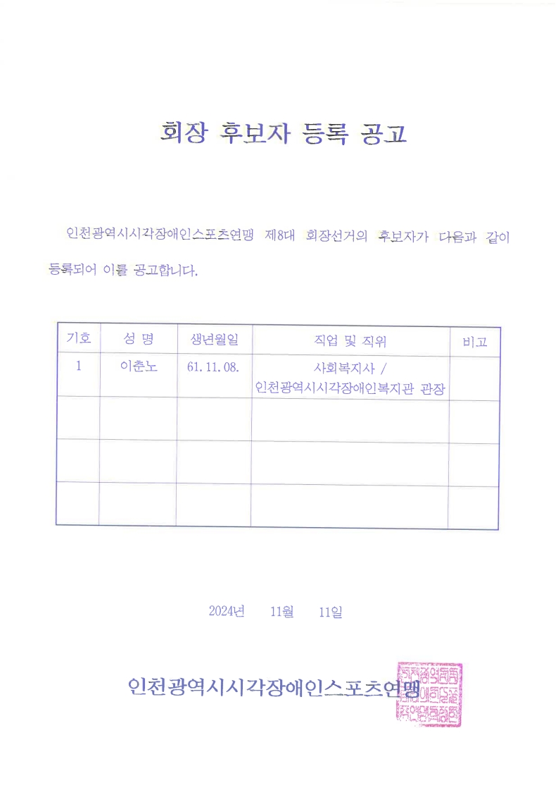 인천광역시시각장애인스포츠연맹 제8대 회장 후보자 등록 공고
